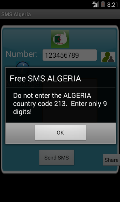 Free SMS Algeria Android App Screenshot Number Screen