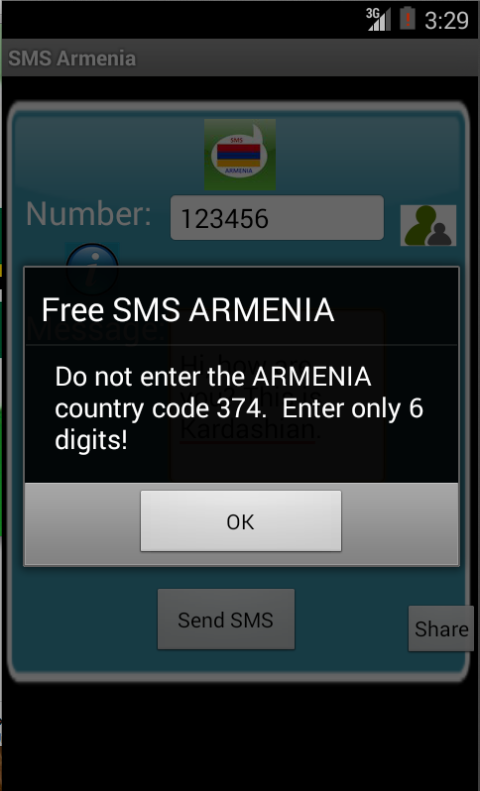 Free SMS Armenia Android App Screenshot Number Screen