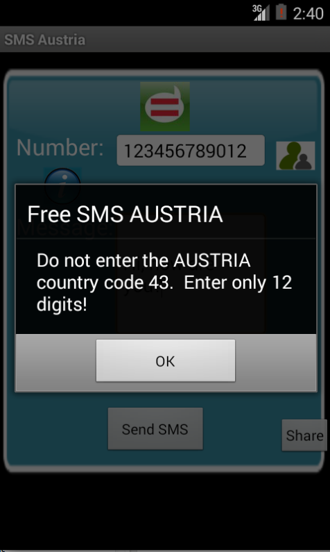 Free SMS Austria Android App Screenshot Number Screen
