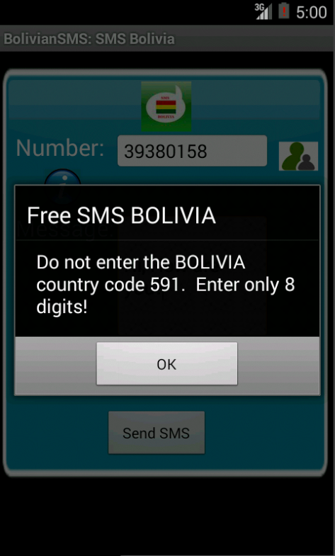 Free SMS Bolivia Android App Screenshot Number Screen
