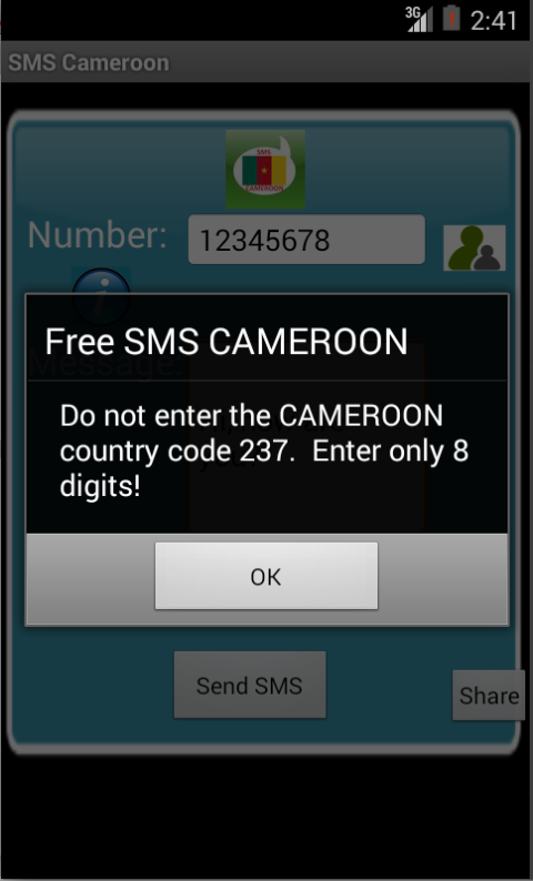 Free SMS Cameroon Android App Screenshot Number Screen