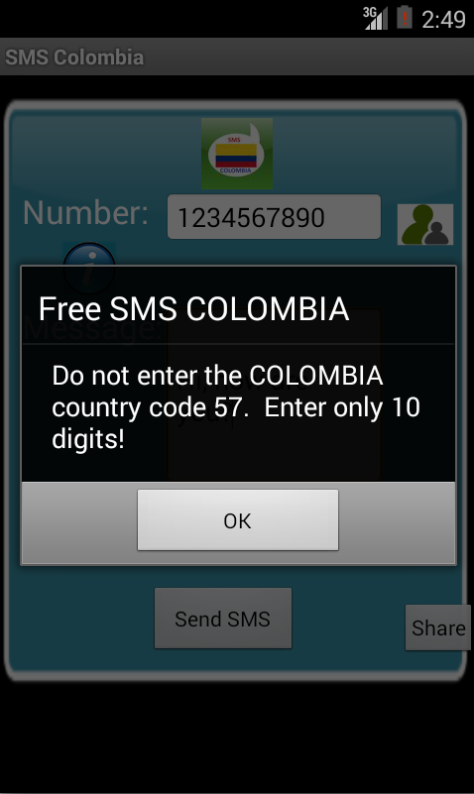 Free SMS Colombia Android App Screenshot Number Screen