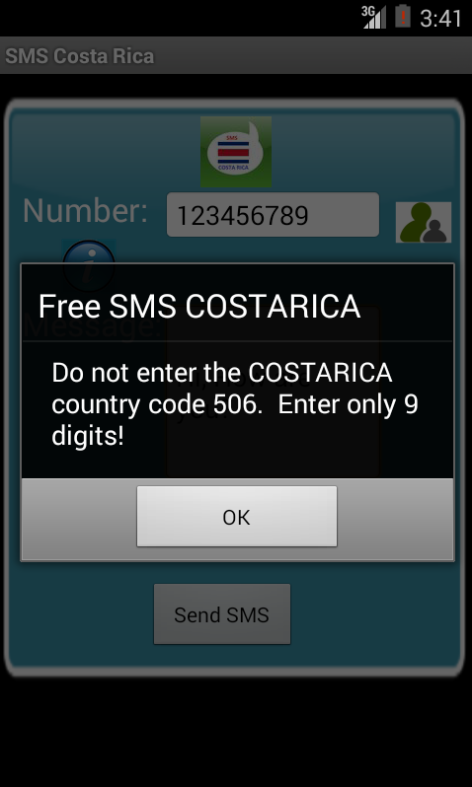 Free SMS Costa Rica Android App Screenshot Number Screen