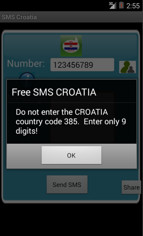 Free SMS Croatia Android App Screenshot Number Screen