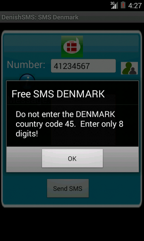 Free SMS Denmark Android App Screenshot Number Screen