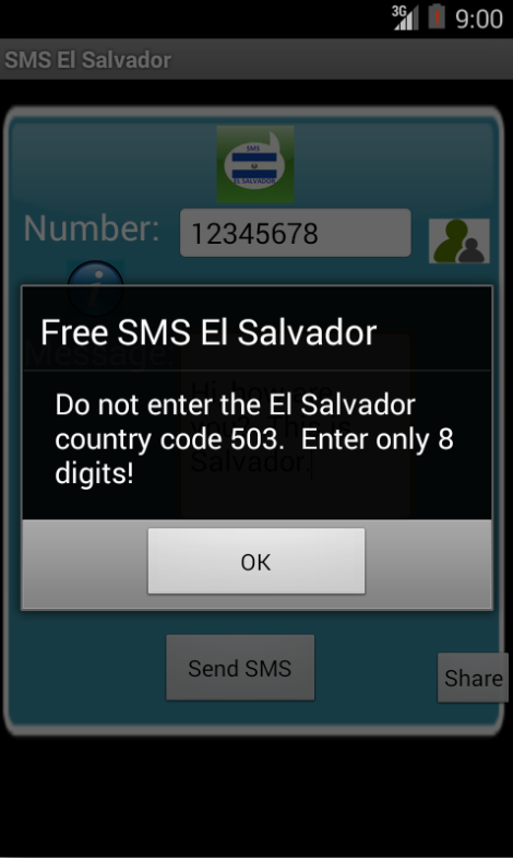 Free SMS El Salvador Android App Screenshot Number Screen