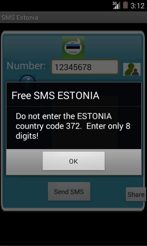 Free SMS Estonia Android App Screenshot Number Screen