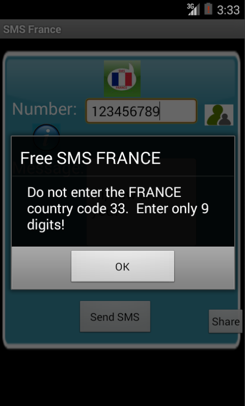 Free SMS France Android App Screenshot Number Screen