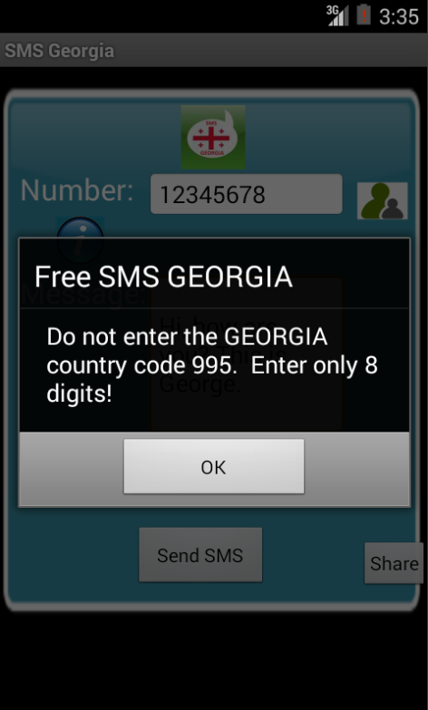 Free SMS Georgia Android App Screenshot Number Screen
