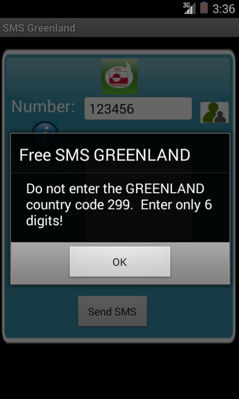 Free SMS Greenland Android App Screenshot Number Screen