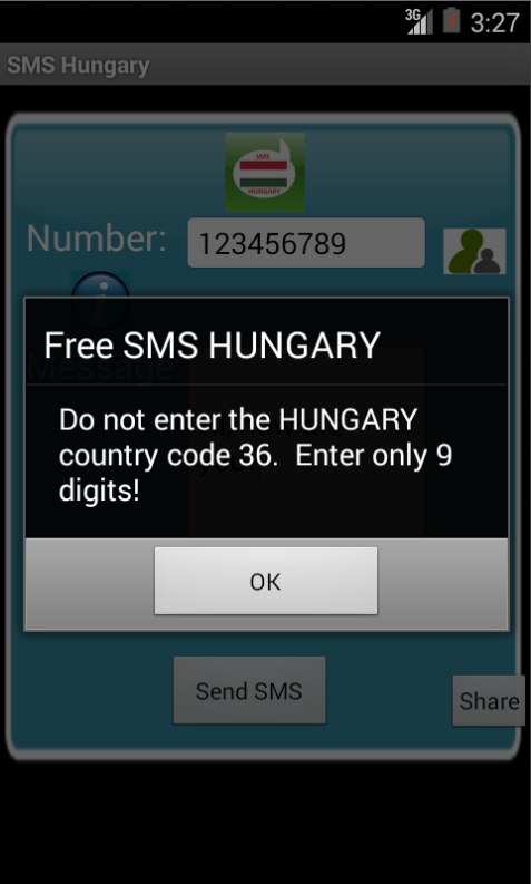 Free SMS Hungary Android App Screenshot Number Screen