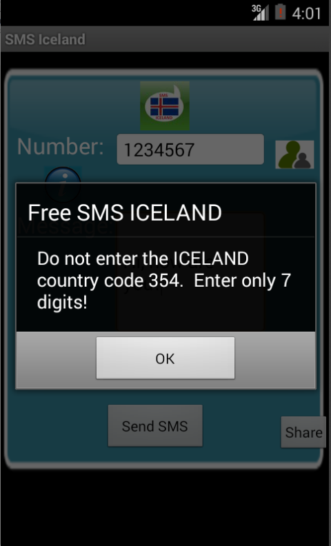 Free SMS Iceland Android App Screenshot Number Screen