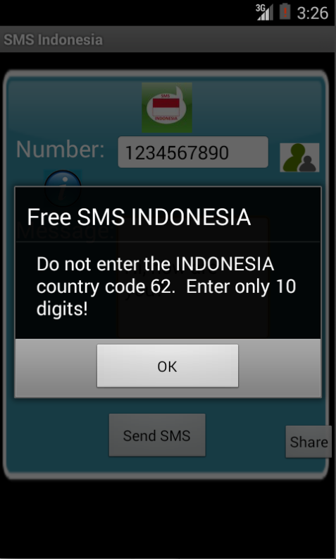 Free SMS Indonesia Android App Screenshot Number Screen