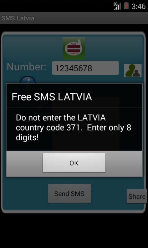 Free SMS Latvia Android App Screenshot Number Screen