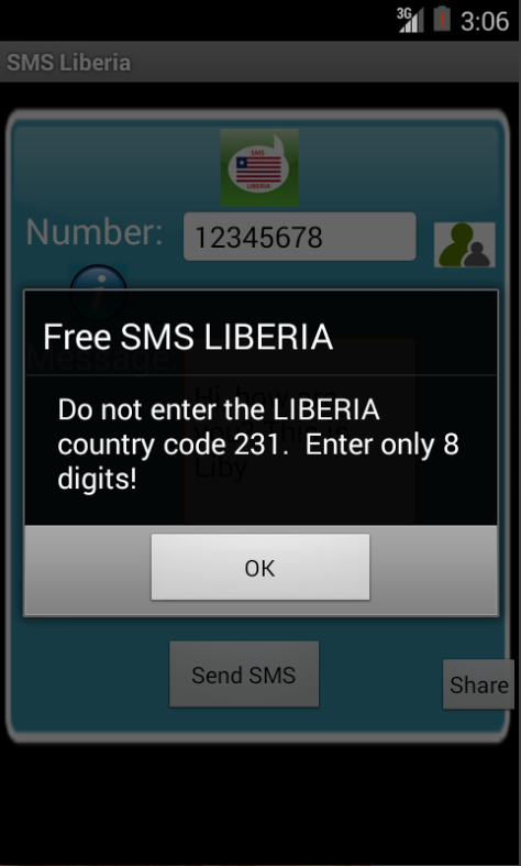 Free SMS Liberia Android App Screenshot Number Screen
