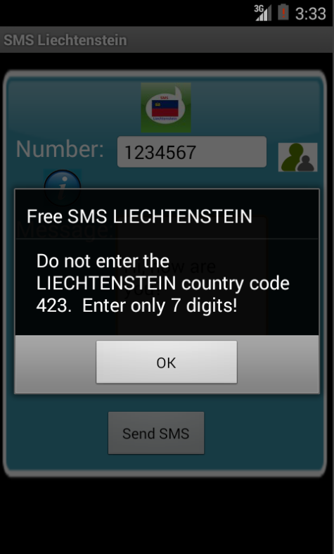 Free SMS Liechtenstein Android App Screenshot Number Screen