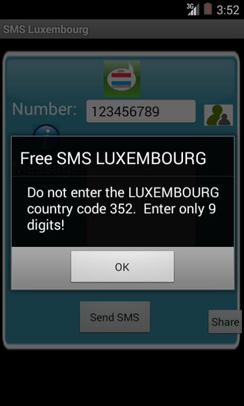 Free SMS Luxembourg Android App Screenshot Number Screen