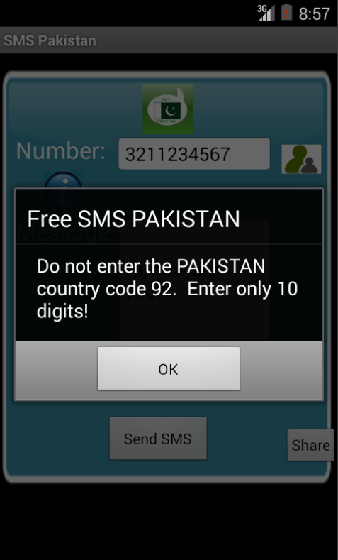 Free SMS Pakistan Android App Screenshot Number Screen