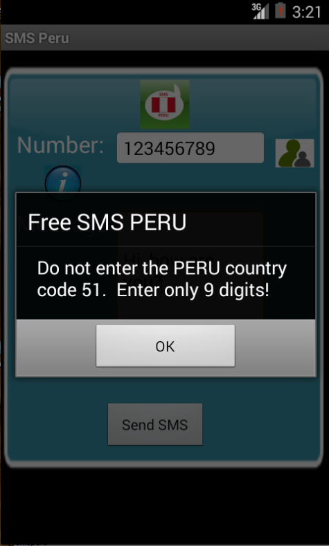 Free SMS Peru Android App Screenshot Number Screen