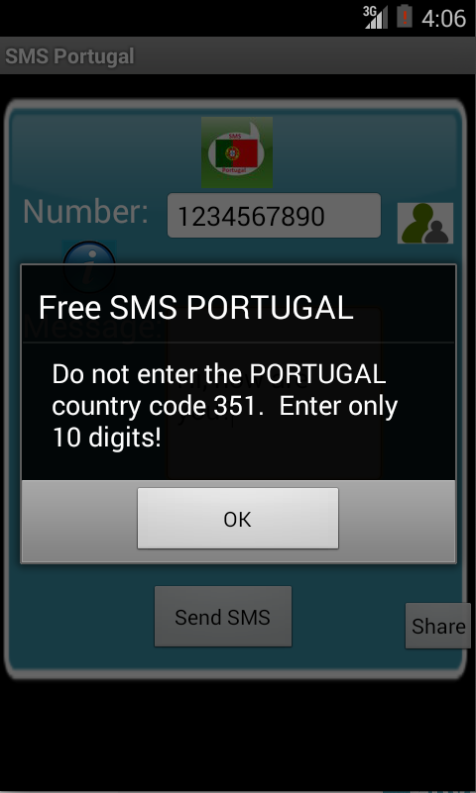 Free SMS Portugal Android App Screenshot Number Screen