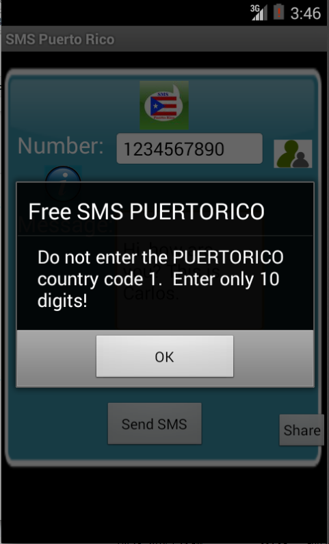 Free SMS Puerto Rico Android App Screenshot Number Screen