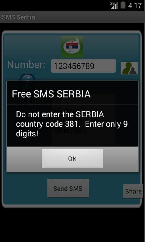 Free SMS Serbia Android App Screenshot Number Screen
