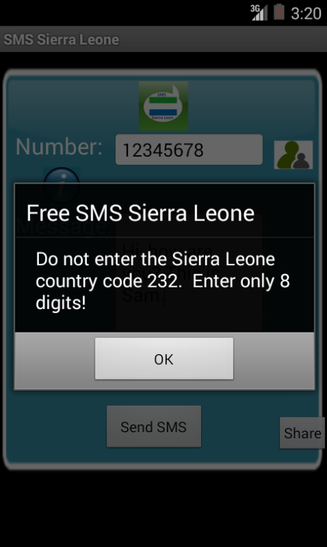 Free SMS Sierra Leone Android App Screenshot Number Screen