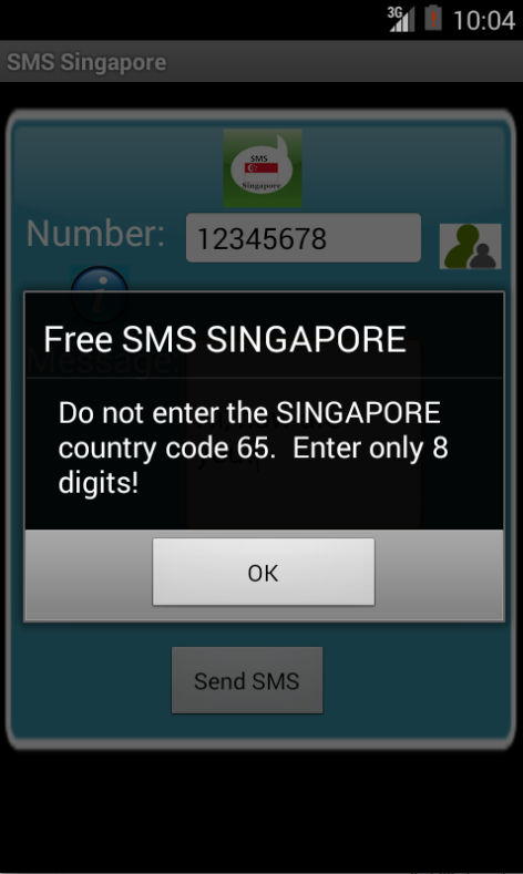 Free SMS Singapore Android App Screenshot Number Screen