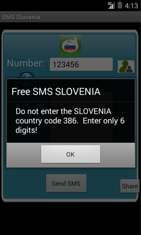 Free SMS Slovenia Android App Screenshot Number Screen