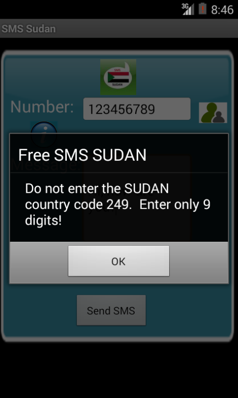 Free SMS Sudan Android App Screenshot Number Screen