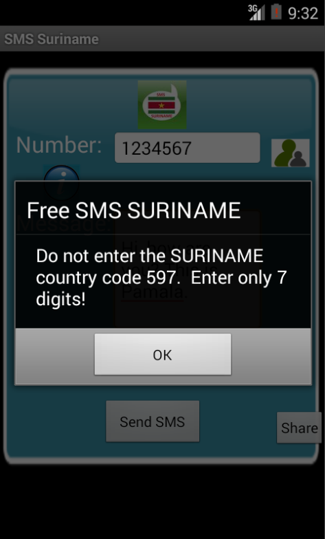 Free SMS Suriname Android App Screenshot Number Screen