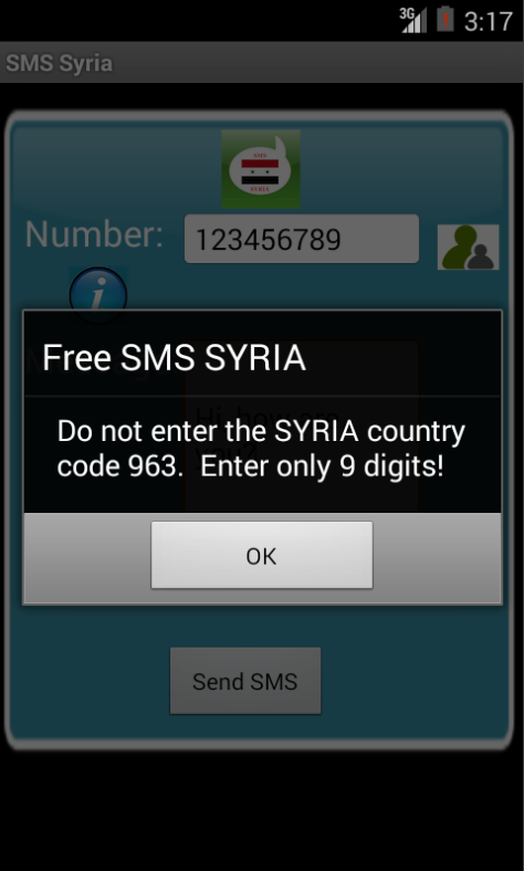 Free SMS Syria Android App Screenshot Number Screen