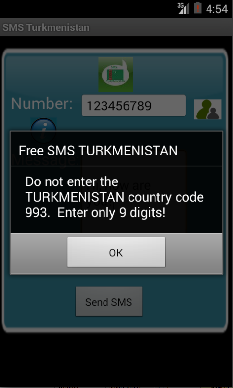 Free SMS Turkmenistan Android App Screenshot Number Screen