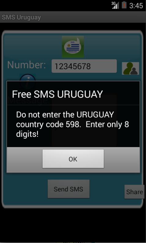 Free SMS Uruguay Android App Screenshot Number Screen