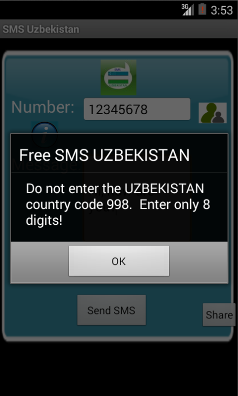 Free SMS Uzbekistan Android App Screenshot Number Screen