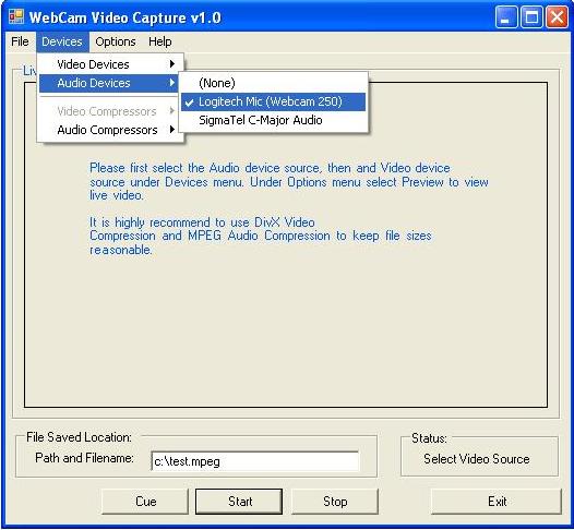 webcam video capture software audio device select